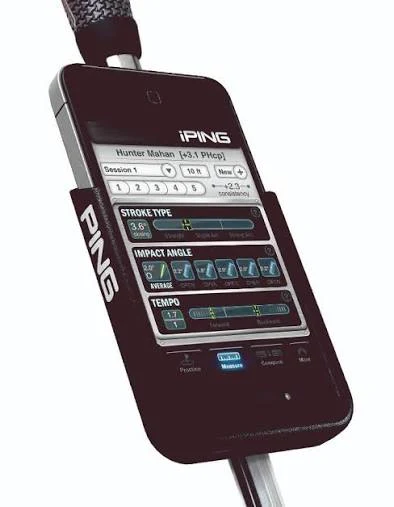 The original iPING cradle clipped to a putter shaft holding an iPhone, showing the app&rsquo;s Stroke Type, Impact Angle and Tempo readouts